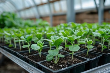 Wall Mural - Green seedlings in greenhouse, farming business