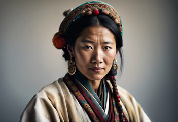 Poster - portrait of Tibetan woman in traditional dress, isolated white background 
