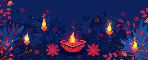 Wall Mural - illustation of Diwali festival of lights tradition Diya oil lamps against dark background
A traditional Indian art of decorating the entrance to a house. Diwali festival holiday design. 