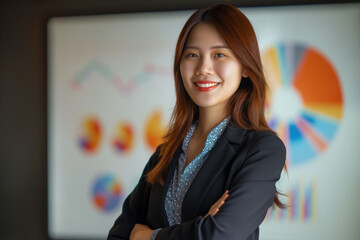 A confident young Asian woman stands with her arms crossed, smiling warmly in front of a presentation screen displaying colorful charts and graphs.