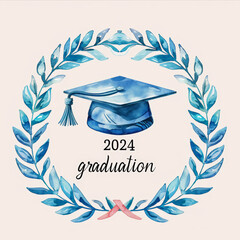 Aesthetic watercolor Class of 2024 emblem, graduation cap with laurel wreath. White clean background. Generative AI