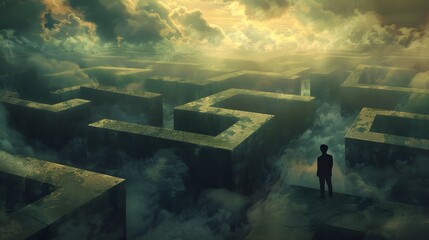 A man stands in front of a maze with a cloudy sky in the background. The maze is made of blocks and the sky is filled with clouds. The man is lost and unsure of which way to go