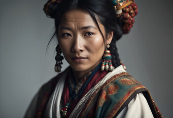 Poster - portrait of Tibetan woman in traditional dress, isolated white background 
