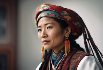 Poster - portrait of Tibetan woman in traditional dress, isolated white background 
