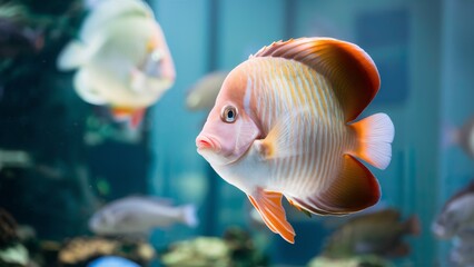 A close up of a fish swimming in an aquarium with other fishes, AI