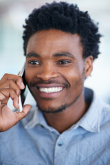 Poster - Happy, black man and consulting with phone call for friendly discussion, chat or proposal at office. Young African, male person or agent talking on mobile smartphone for online advice or conversation