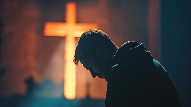 Christian Man Praying in Front of Cross - Religious Male with Belief to God
