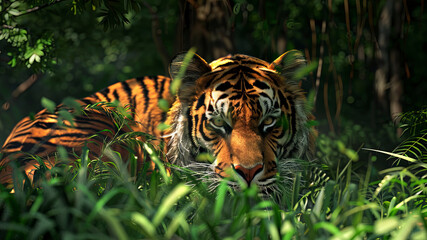 close up of a tiger in the jungle, portrait of a tiger, tiger in the forest