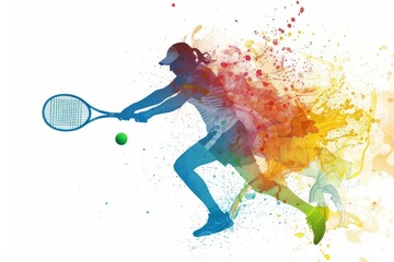 silhouette of a female tennis player hitting the ball with color splash, white background