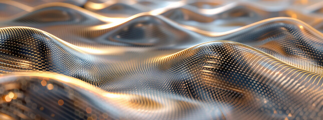 Wall Mural - Abstract representation of digital waveforms with illuminated dots, showcasing a futuristic and high-tech design in golden tones background