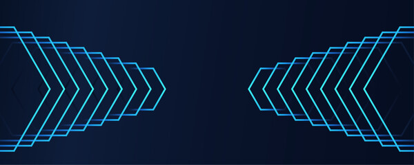 Poster - Glowing blue arrow. Abstract futuristic dark background with glowing blue green geometric lines design. Modern shiny blue geometric pattern with hexagonal line pattern. Horizontal banner template
