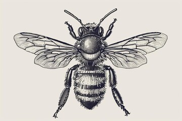 Wall Mural - detailed honey bee engraving illustration vintage style black and white line art insect drawing