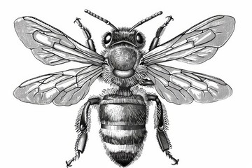 detailed honey bee engraving illustration vintage style black and white line art insect drawing