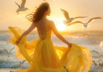 Wall Mural - Beautiful woman in a yellow dress and light makeup is walking along the seashore. Flying birds are on her back in the style of a closeup shot against a white background with sunlight from behind.