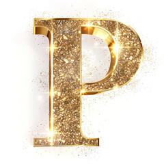 Wall Mural - Golden glowing letter P with gold dust on white clean background. Scrapbook activity. Generative AI