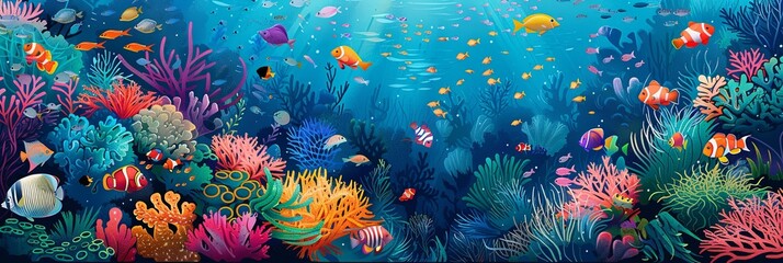 Colorful underwater scene depicting a variety of corals and tropical fish swimming among them. Generative AI