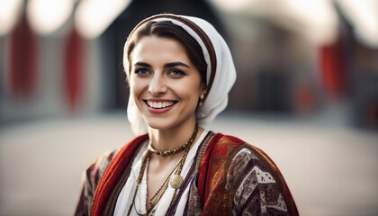 Wall Mural - portrait of a Turkish woman in traditional dress with a sincere smile, isolated white background
