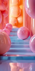 Poster - Abstract Pink and Orange Spheres on Blue Stairs