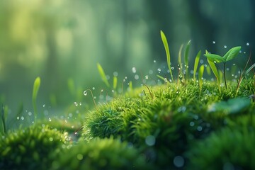 enchanting moss and grass macro photography with glistening dew drops photorealistic nature illustration