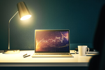 Abstract creative financial graph on modern laptop screen, forex and investment concept. 3D Rendering