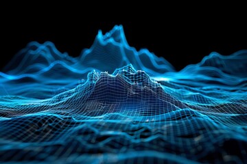 futuristic blue digital wireframe landscape on black background technology perspective grid