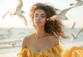 Wall Mural - Beautiful woman in a yellow dress and light makeup is walking along the seashore. Flying birds are on her back in the style of a closeup shot against a white background with sunlight from behind.