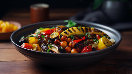 Wall Mural - Sweet potato salad with avocados, tomatoes and spinach in a white bowl on a wooden table.