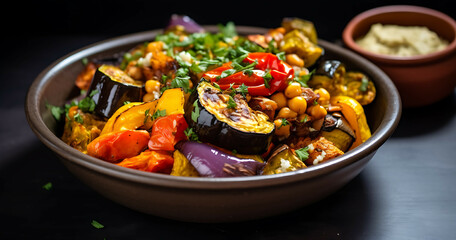 Wall Mural - Sweet potato salad with avocados, tomatoes and spinach in a white bowl on a wooden table.