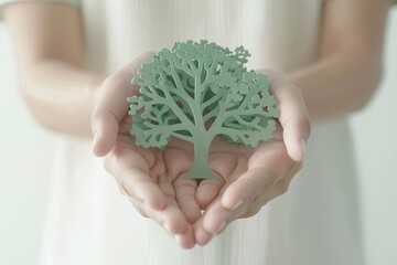 Close-up of hands holding a green tree cutout, symbolizing environmental conservation and sustainability.