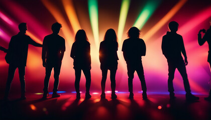 Wall Mural - silhouette of young people partying in front of colorful spotlights
