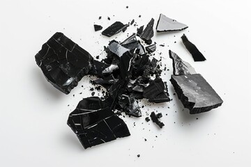 pieces of shattered black coal isolated on plain white backdrop contrasting textures