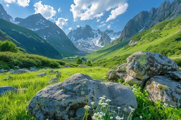 Wall Mural - serene alpine valley with lush meadow rocky boulders and clear sky panoramic landscape