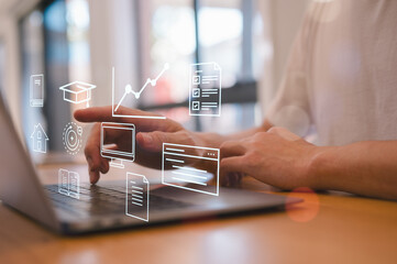 Education distance learning, e-learning, and online learning are all types of personal development, man using computer and e learning icon