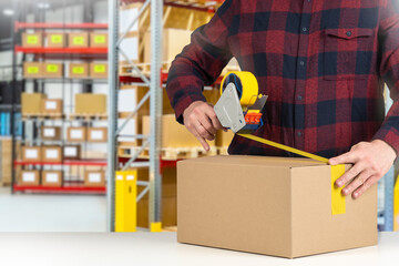 Wall Mural - Packer with tape dispenser. Cropped man in warehouse. Packer seals parcel with tape. Guy works as storekeeper. Packer near warehouse racks. Fulfillment process. Preparing parcel for shipment