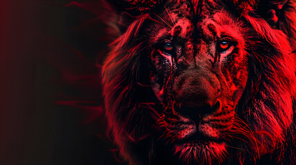 Wall Mural - A tight shot of a lion's face illuminated by a red light in its center