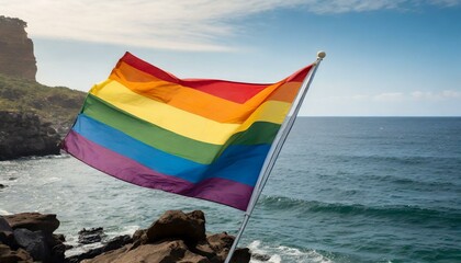 Wall Mural - lgbt flag against ocean sea whater background, pride parade, lgbt pride month, fight against homophobia, tolerance, rally of many people