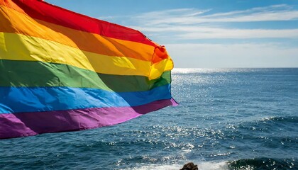 Wall Mural - lgbt flag against ocean sea whater background, pride parade, lgbt pride month, fight against homophobia, tolerance, rally of many people