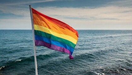 Wall Mural - lgbt flag against ocean sea whater background, pride parade, lgbt pride month, fight against homophobia, tolerance, rally of many people