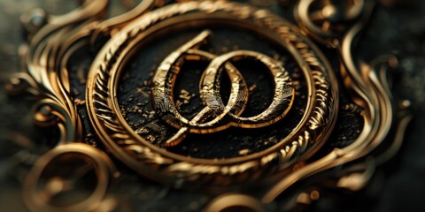 Wall Mural - A detailed shot of a shiny gold ring on a dark black background. Perfect for jewelry ads or wedding themes