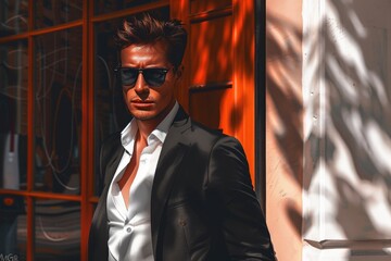 Wall Mural - A man in a suit and sunglasses standing in front of a building. Suitable for business and corporate concepts
