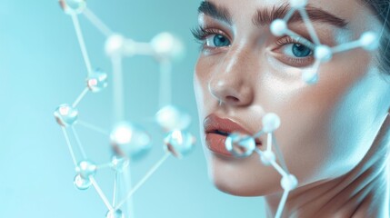 Sticker - Close up of woman's face with scientific molecule backdrop, ideal for science-related projects