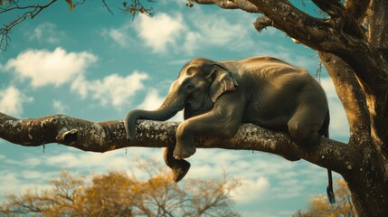 Poster - A unique image of an elephant sitting on a tree branch. Perfect for nature and wildlife concepts