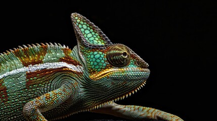 Detailed close-up of a chameleon on a black background. Suitable for wildlife or exotic animal concepts