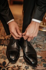Wall Mural - A man in a suit tying his shoes. Suitable for business or fashion concepts