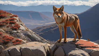 A brown and white coyote is standing on a rock outcropping in the mountains.

