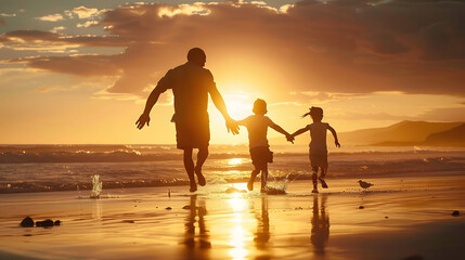 Poster - Energetic dad playing with kids on the beach at sunset