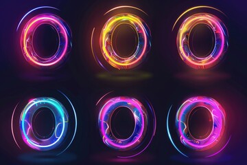 Wall Mural - Set of neon circles on a dark background, perfect for futuristic designs