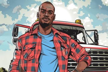 Wall Mural - A man standing in front of a red truck. Suitable for automotive industry promotion