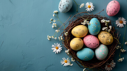 Colorful Easter Eggs in Nest with Flowers
