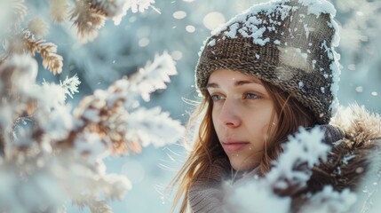 Wall Mural - A woman wearing a hat and coat in the snow. Suitable for winter fashion concepts